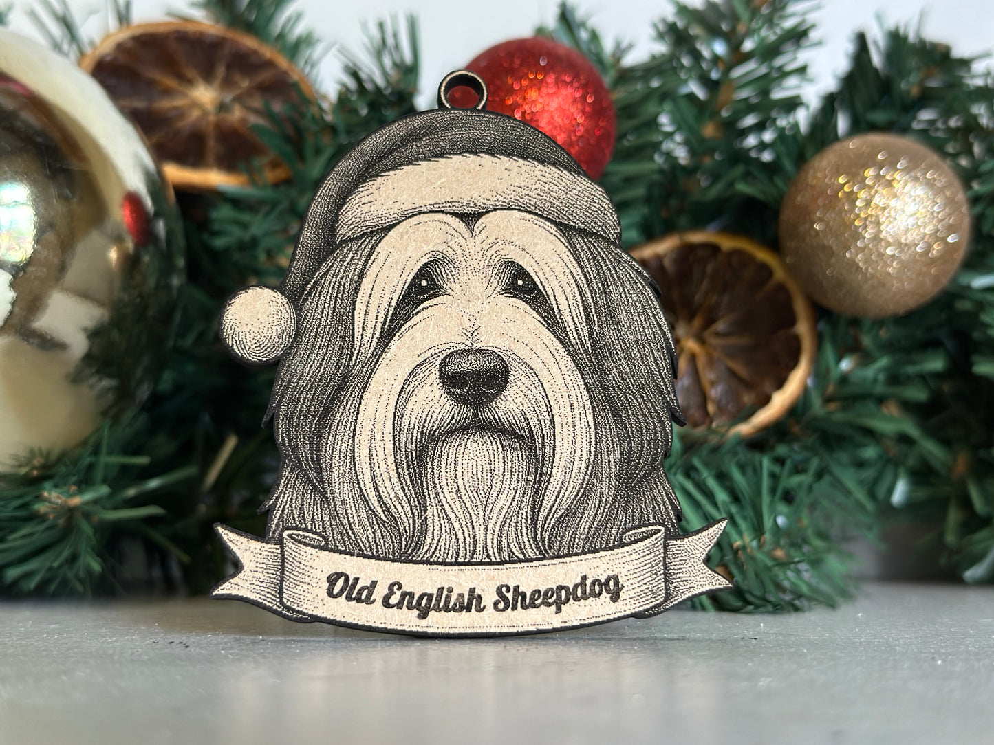 Old English Sheepdog - Personalisable Christmas Tree Decoration Bauble Ornament Dog Gift