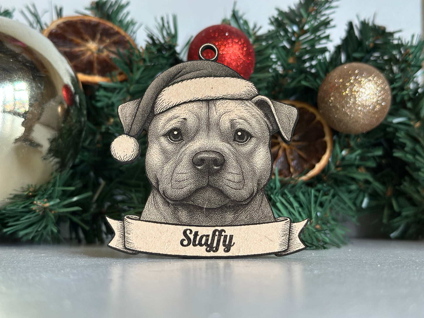 Staffy/Staffordshire Bull Terrier - Personalisable Christmas Tree Decoration Bauble Ornament Dog Gift